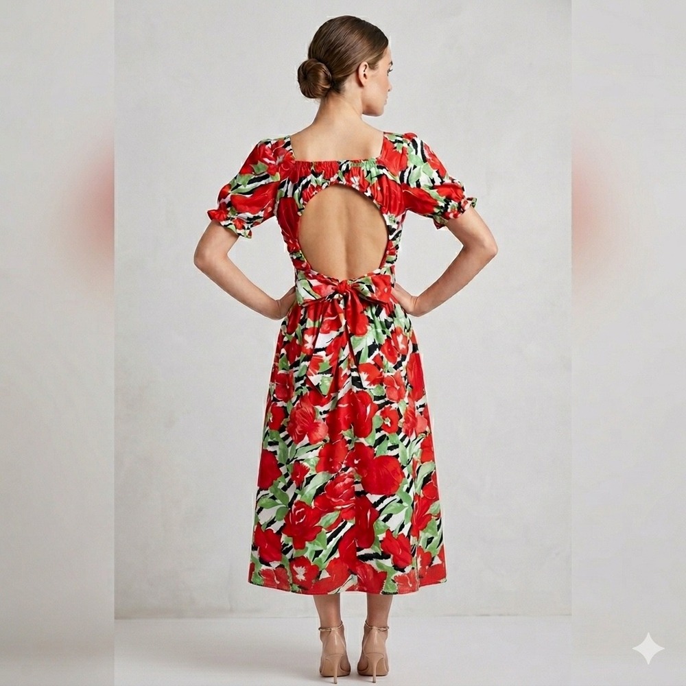 Miss Selfridge Petites Floral Zebra Print Open Back Midi Dress Red Green US 6